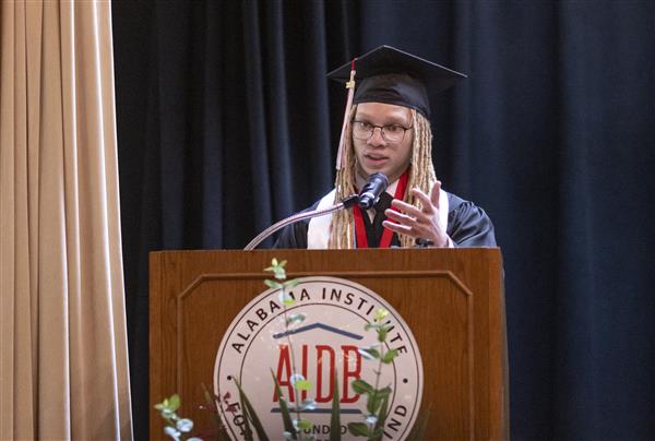 Daymion Winfrey speaks to the A.S.B. class of 2024 during graduation.